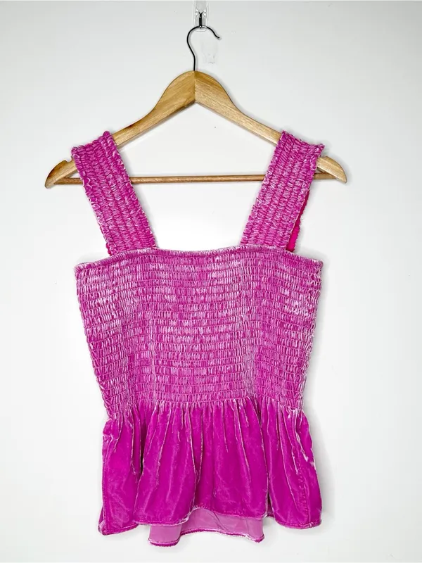 By Anthropologie Smocked Velvet Babydoll Tank Top Pink Fuchsia Medium - Image 7