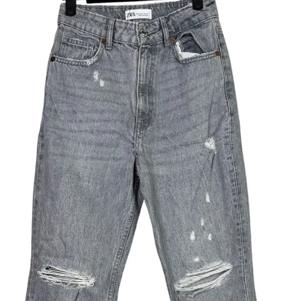 ZARA Straight Leg High Waisted Distressed Jeans Raw Hem 2 Rinsed Black #3900 - Image 3