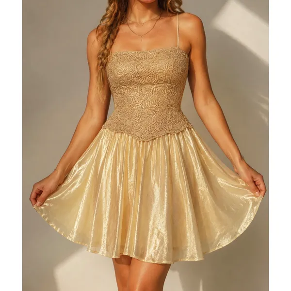 Carmen Marc Valvo Y2K 90s Champagne Gold Whimsy‎ Fairycore Festival Embroidered Corset Dress S - Image 2