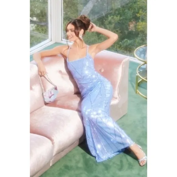 Lulus Flawless Glow Periwinkle Iridescent Sequin Lace-Up Maxi Dress Sz. S - Image 3