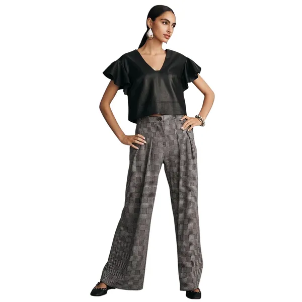 Maeve‎ Anthropologie Black Faux Leather Ruffle Sleeve V-Neck Crop Top XXS - Image 3