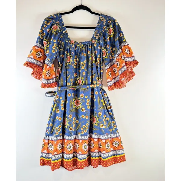 JOIE Dress Blue Chloris Mini Floral Off Shoulder Fit Flare Prairie Boho Medium - Image 3