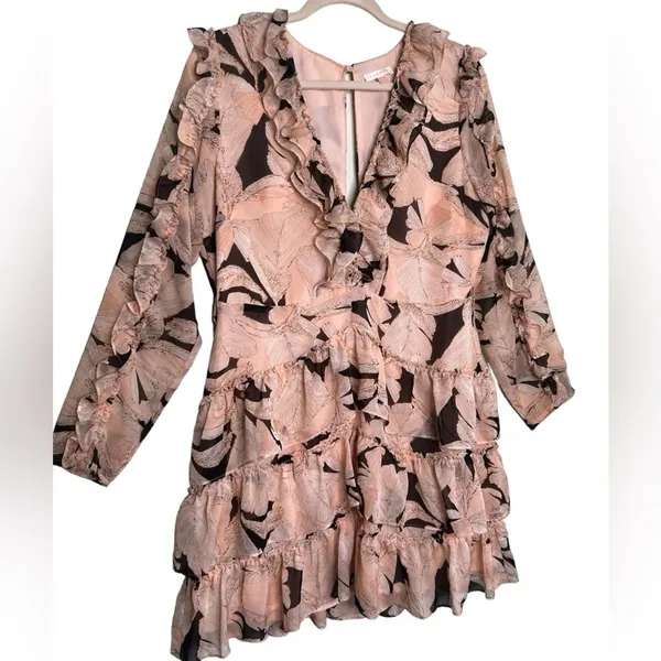 Luxxel Blush Floral Ruffle Mini Dress Romantic Cottagecore Wedding Guest Large - Image 4