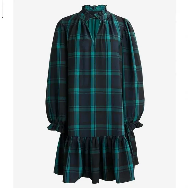 J.Crew‎ BN151 Blackwatch Plaid Ruffle Neck Mini Dress Small Puff Sleeve Tartan - Image 2