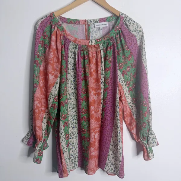 Gibson Latimer Floral Patchwork Boho Blouse XL Long Sleeve Smocked‎ Neck Artsy - Image 2