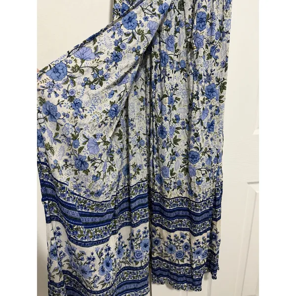 Angie Blue Floral Border Print Boho Maxi Wrap Dress Short Sleeve Rayon Medium - Image 3
