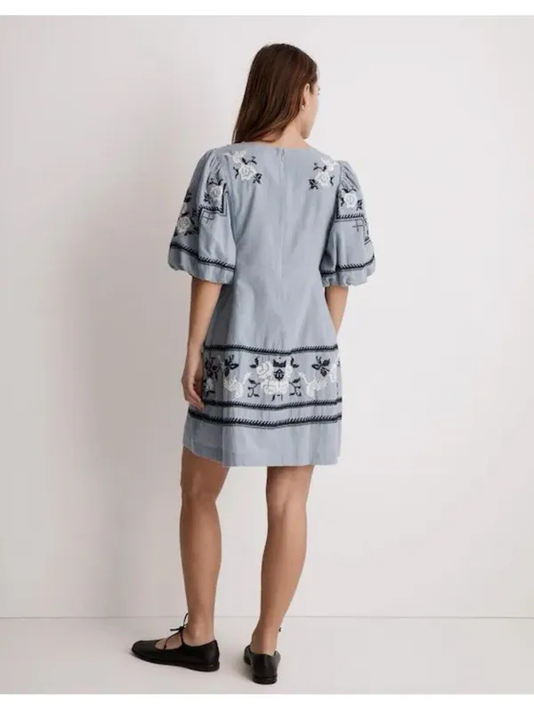 Madewell Embroidered Foldover V-Neck Mini Dress Terrace Blue Cotton Puff Sleeve - Image 3