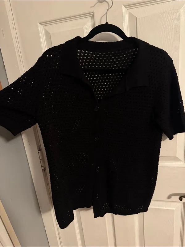 Black Knit Openwork Swim Coverup Button - Image 2