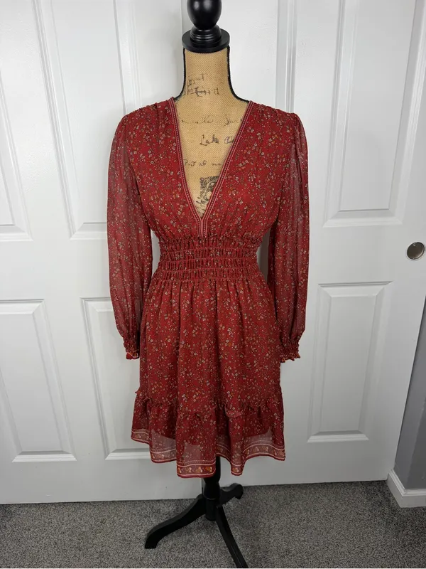 Max Studio Floral Smocked Waist Mini Dress Size S Rust Red Boho Fall - Image 2