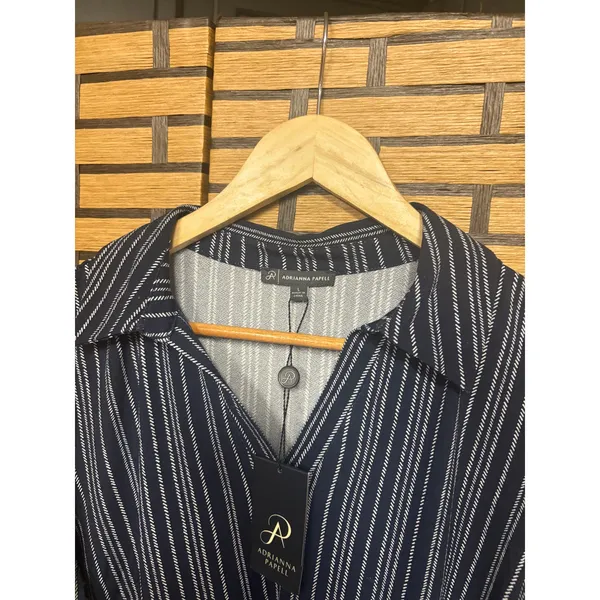Adrianna Papell Blue And White Long Sleeve Polo Blouse SIze‎ Large - Image 3