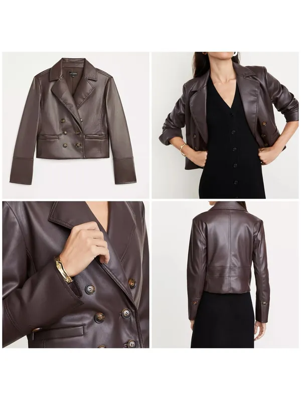 LOFT Versa Faux Leather Cropped Double Breasted Blaze Sz XSP Brown Espresso - Image 2