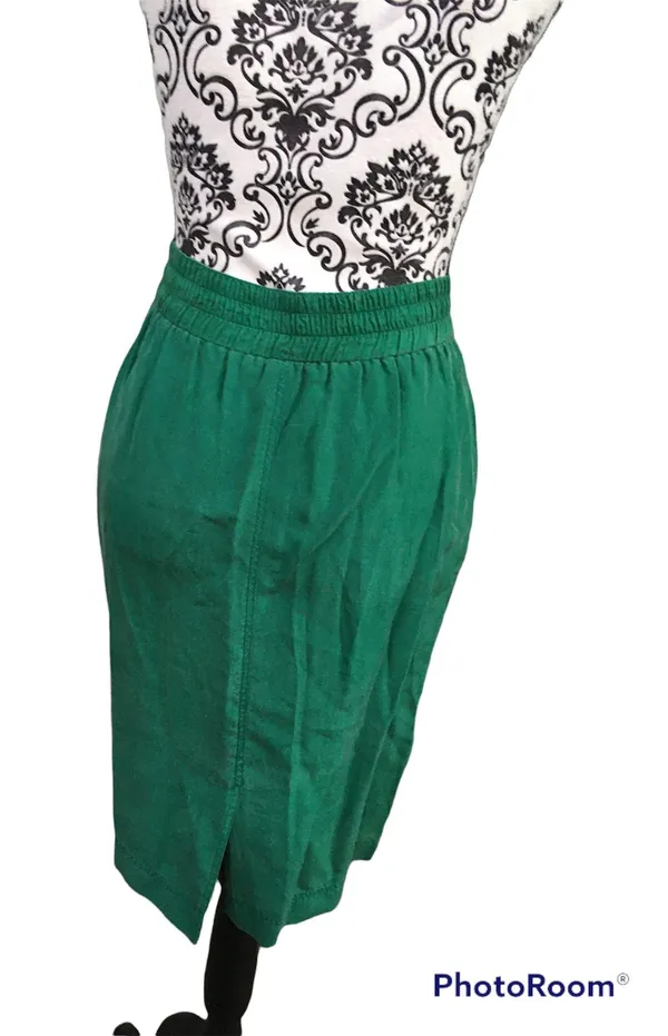 Vintage 80s Kelly Green Gingerfield Silk Two Piece Outfit Turtleneck Skirt S - Image 3