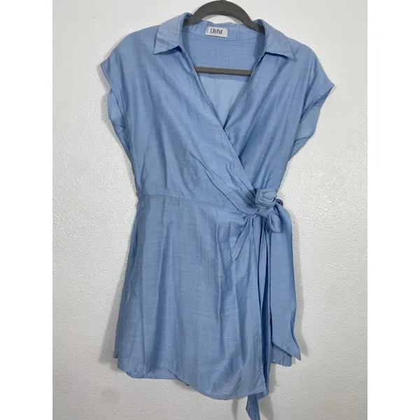 Lilyful Blue Solid Wrap V-Neck Tie Waist Lined Cap Sleeve Romper S Rayon - Image 3