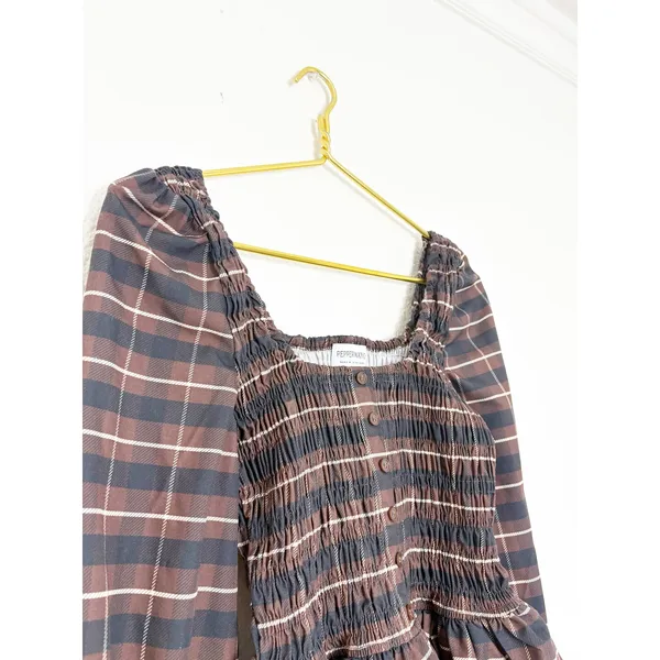 Peppermayo Joyce Long Sleeve Cotton Shirred Top Size 6 Chocolate Check Smocked - Image 9