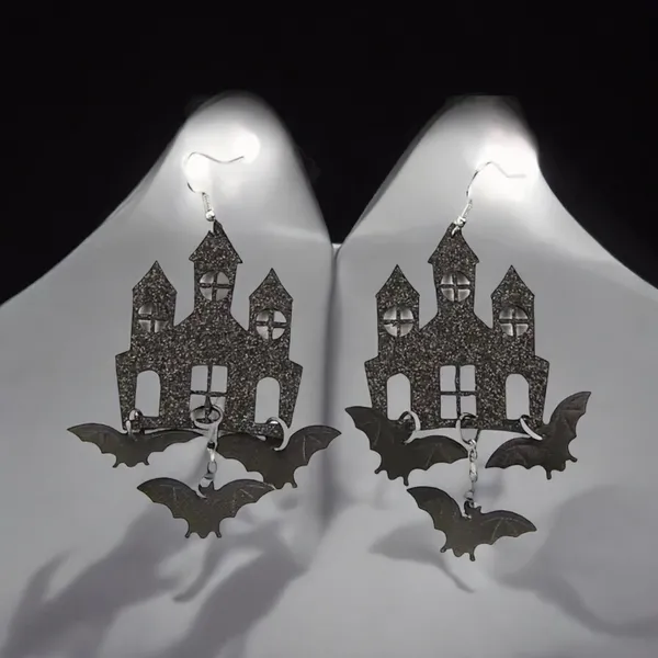 Black Gothic Halloween Theme Acrylic Drop &‎ Dangle Earrings Bat Haunted Castle - Image 9
