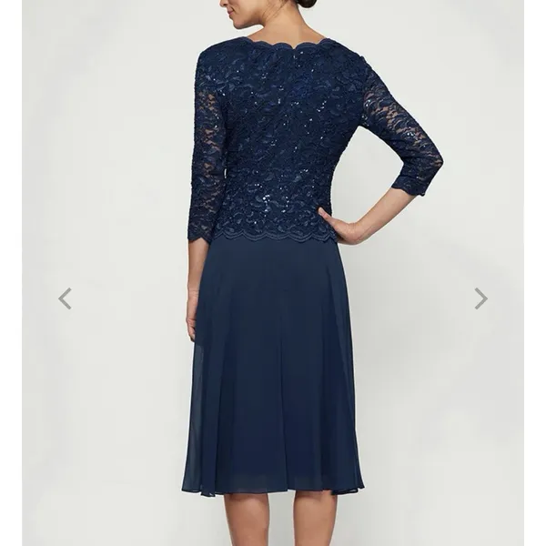 Alex Evenings Navy Blue Sequin Lace Chiffon Midi Special Occasion Dress Size‎ 6 - Image 3