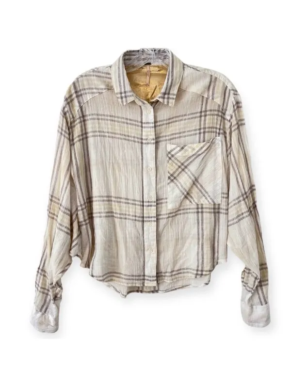 Free People Cutie Plaid Button Down Cream and yellow size small - Image 4