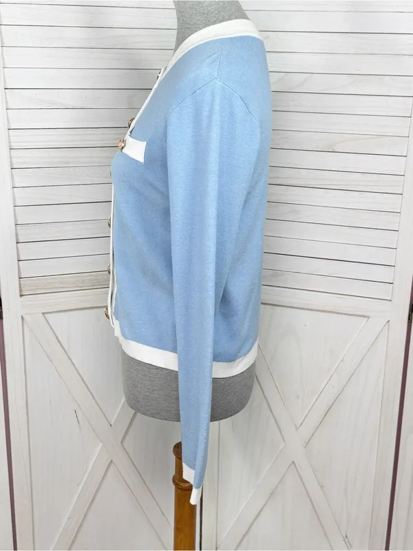 Emerson Lang Cardigan Sweater Button Front Contrast Trim Blue White Medium - Image 2