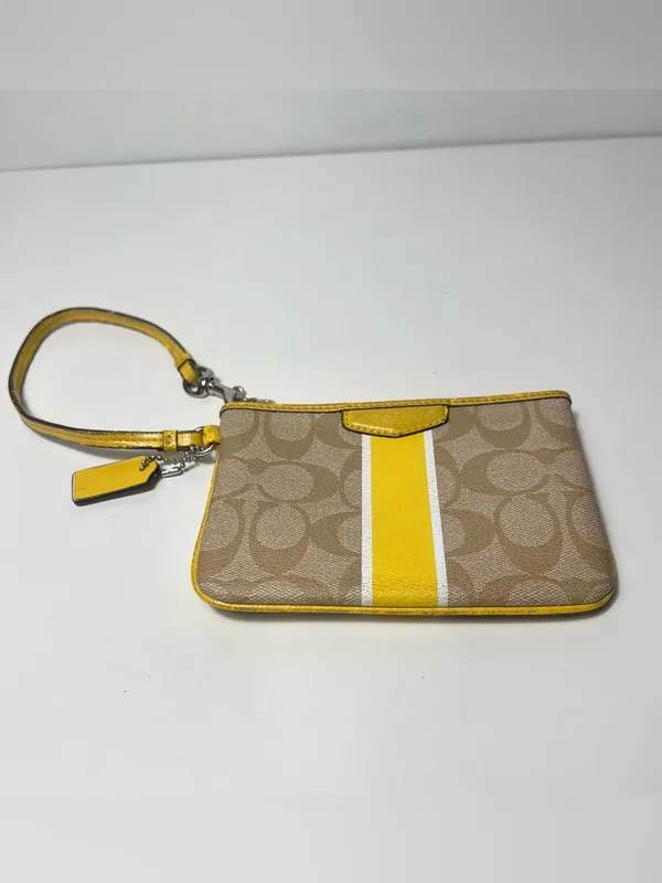 Coach Signature Corner Zip Varsity Stripe Yellow Canvas Wallet Wristlet - Image 4