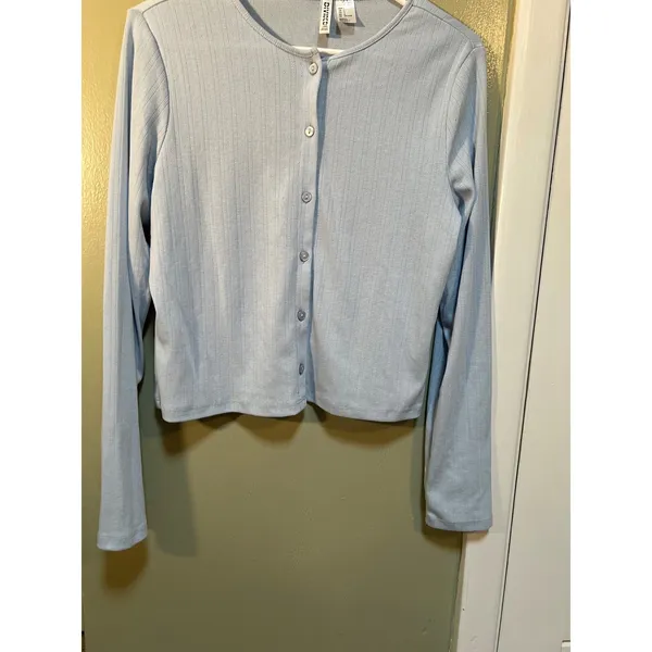 Divided H&M Womens Sz Large LightBlue Pointelle Jersey Cardigan Sweater Crewneck - Image 4