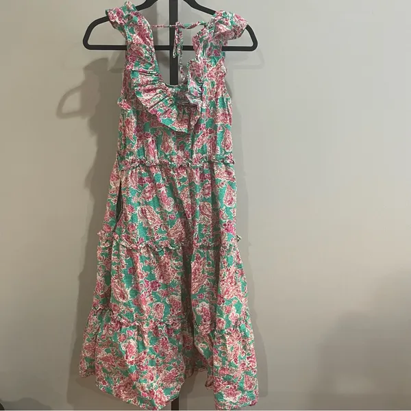 J. Crew Printed Floral Ruffled Tiered Midi Dress Pockets Green & Pink Size‎ 12 - Image 4