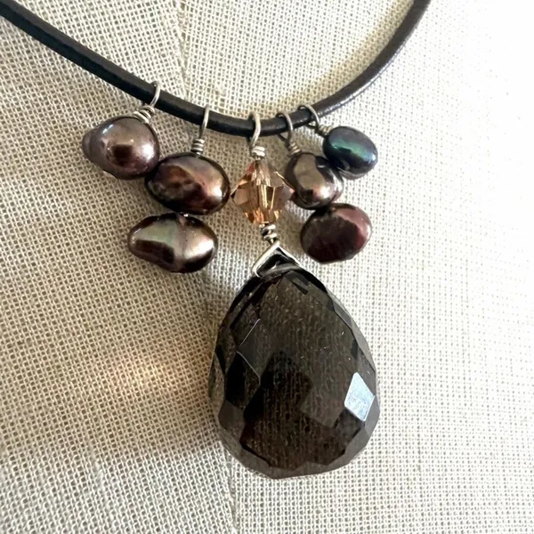Handcrafted Sterling Silver Smoky Quartz & Peacock Pearl Leather Cord Necklace - Image 2