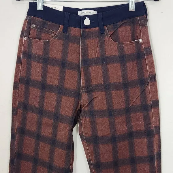 WeWoreWhat Women's Navy and Brown Plaid Jeans Size 27 NWT Icon Jeans Plaid - Image 4