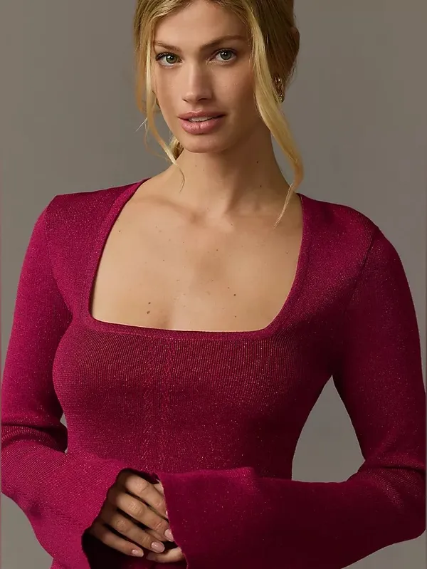 Maeve by Anthropologie‎ NWT Square Neck Bell Sleeve Sweater Raspberry Sparkle M - Image 8