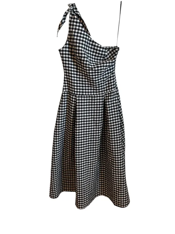 By Anthropologie One-Shoulder Black White Gingham Midi Dress XXS - Image 4