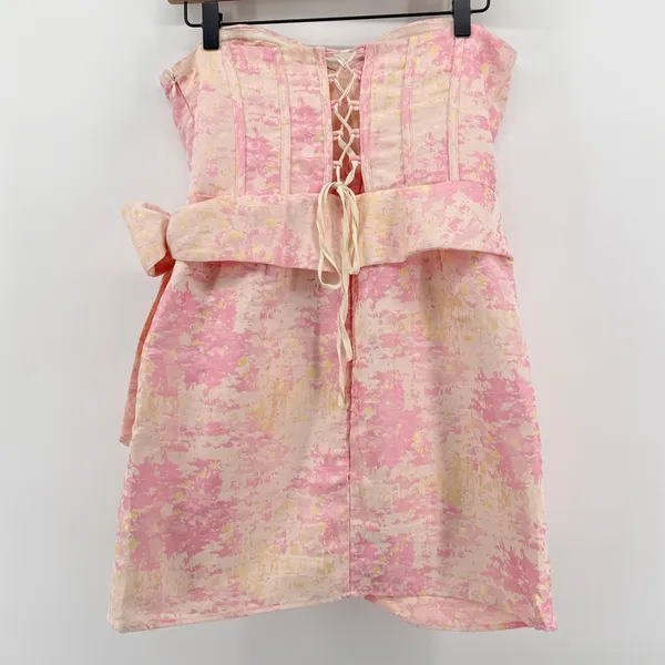 Storia Pink Gold Brocade Strapless Mini Dress Lace Up Back Bow HD2060 Large‎ - Image 8