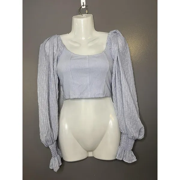 Urban Outfitters Blouse Womens Medium Purple Scoop Neck Sheer Sleeve Cropped Top - Image 2