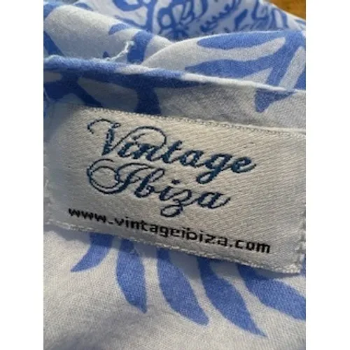 Vintage Ibiza Maxi Dress Blue White Block Print Tiered Resort Vacation Cotton M - Image 6
