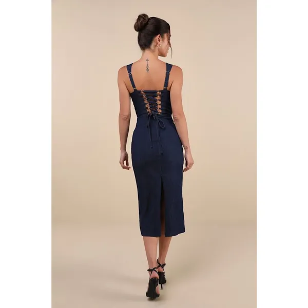 NWT Lulus Keep It Darling Dark Wash Denim Bustier Lace-Up Midi Dress Party Sz S - Image 3