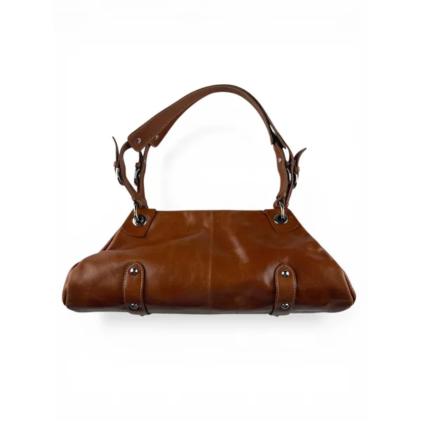 Nino Bossi Womens Leather‎ Shoulder Bag Cognac Brown Silver Hardware Zipper Top - Image 2
