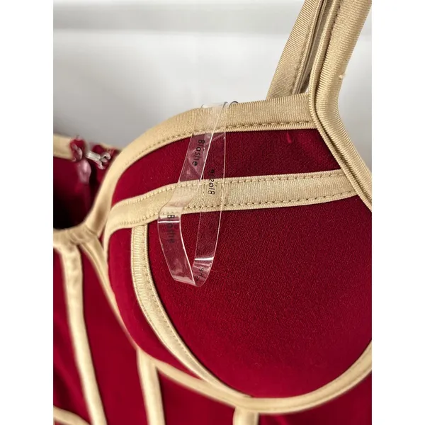 BLASHE Bodycon Dress Sz Small Burgundy Tan Bustier Bandage Spaghetti Straps Sexy - Image 13