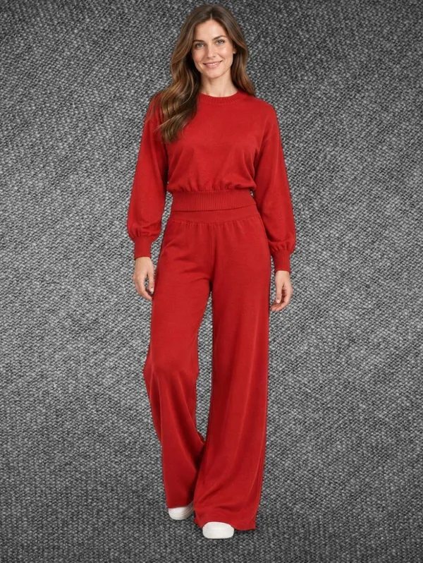 FMB Red Knit Crop Top Wide Leg Pants Set Size S - Image 2