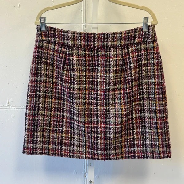 Loft Multi Color Tweed Plaid Mini Skirt Gold Button Front Size 10 Purple Red - Image 2