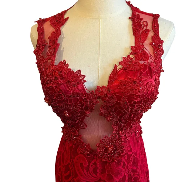 Swing Red Floral Lace Illusion Prom Gown Size 6 - Image 10