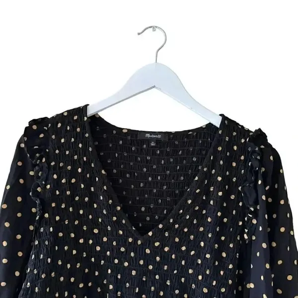 Madewell Black Gold Lucie V-Neck Smocked Mini Oval Dot Baby Doll SZ XL #1862 - Image 5