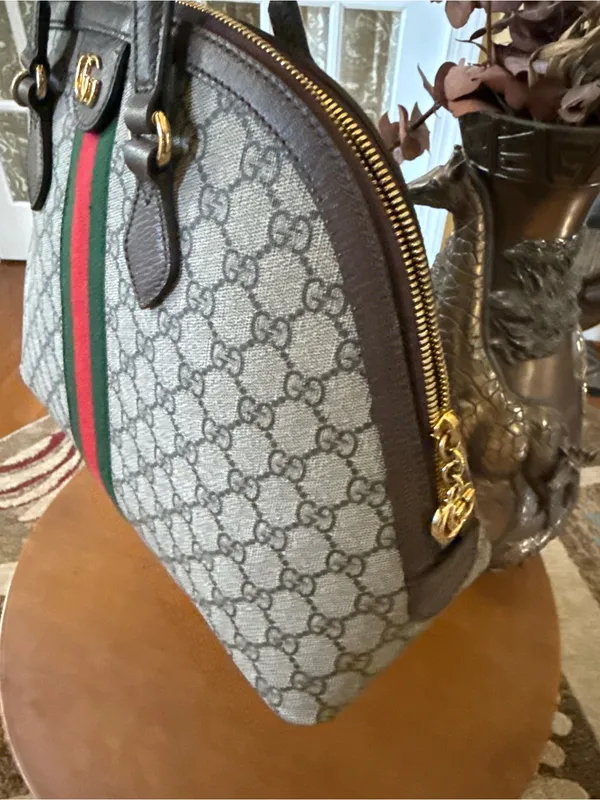 Gucci Brown GG Canvas Satchel with Green and Red Cherry Web Stripe - Image 10