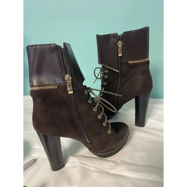 Italina Brown Suede Ankle Boots Gold Zipper and Buckle Size 7.5M‎ - Image 5