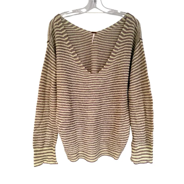 Free People Bumblebee V-Neck Striped Sweater‎ Women's L Green Gray Boho Hippie - Image 4