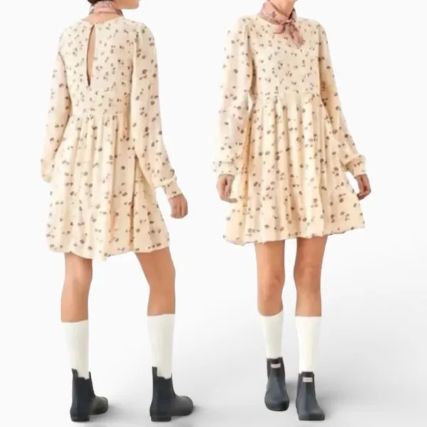American Eagle Ivory Long Sleeve Smocked Floral Babydoll Dress - Image 7