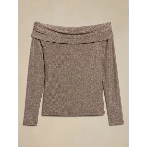 Banana Republic Gold Brown Metallic Sparkly Low Shoulder Top Small - Image 10