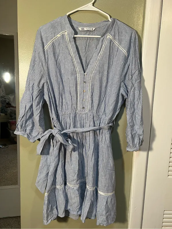 Zara Women's Size Large Mini Shirt Dress Blue White Stripes Crochet Belted Linen - Image 4