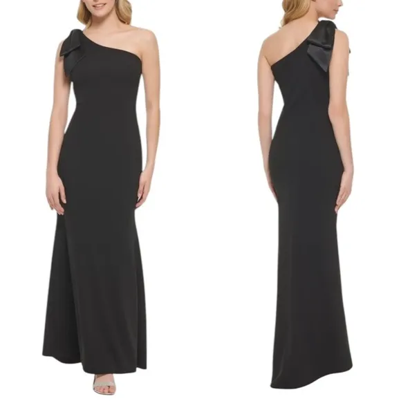 Eliza J Satin Bow One Shoulder Long Formal Dress Black Size 4 - Image 2