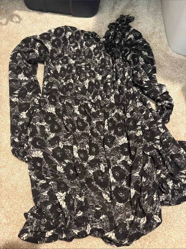 NWT Free People Black and White sheer babydoll long sleeve Floral DRESS - Image 3