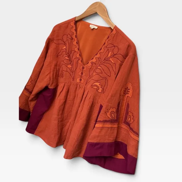 Jodifl Embroidered V-Neck Bell Sleeve Babydoll Top Orange Magenta G13191 - Image 3