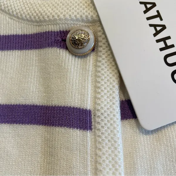 LATAHUO Women Gold Button Down Cardigan Lavender White Crew Neck size Medium - Image 4