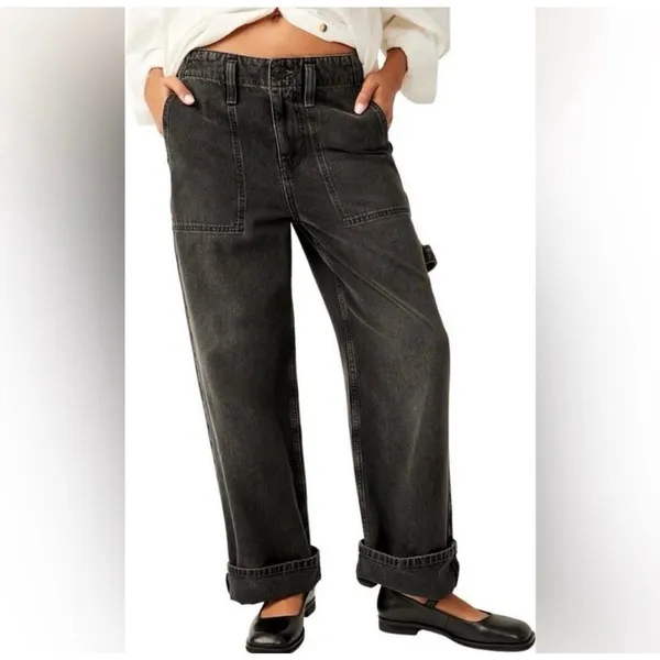 Free People We The Free Black Wash Major Leagues Cuffed Carpenter Utility Jeans - Image 5